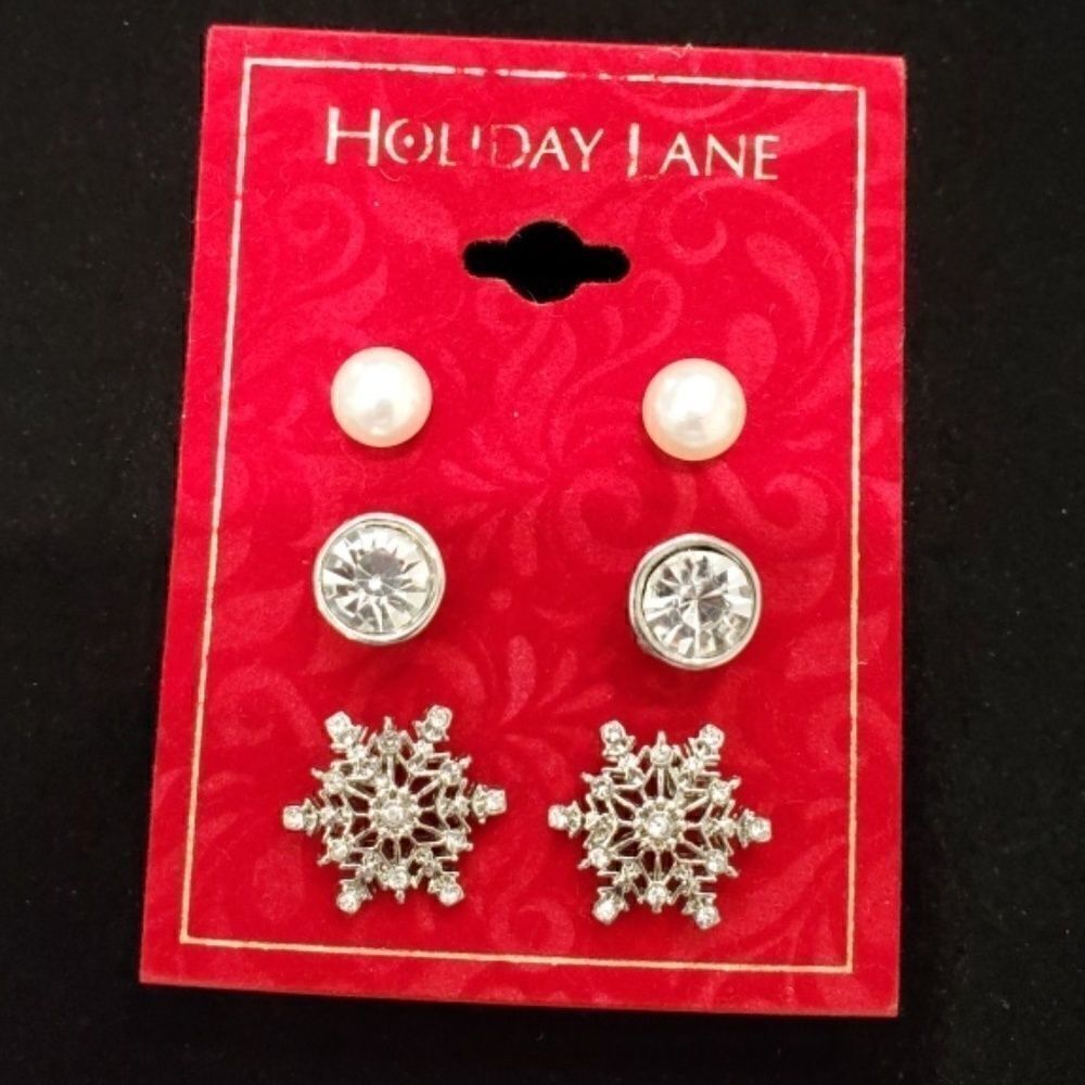 Holiday Lane 3 Sets Snowflake Rhinestone Pearl